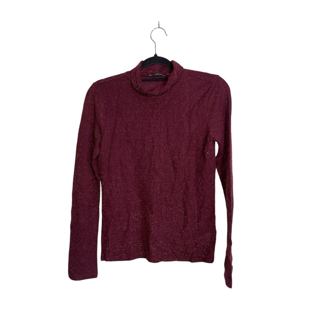 Express Sparkle Fitted Turtleneck Top Dark Red Gold Metallic Medium Women’s